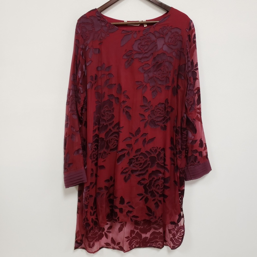 Soft Surroundings Womens Red Burnout Tunic Top Size 1X Floral Long Sleeve‎ Red